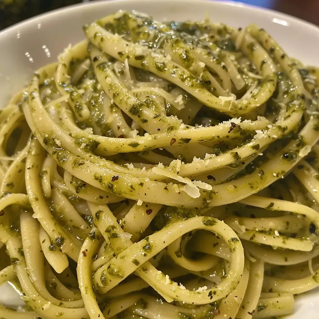 A side view of Pesto Cream Sauce on pasta, garnished with parmesan.