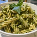 Close-up of pesto pasta with burst cherry tomatoes and creamy burrata cheese.