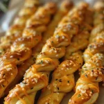 Close-up of Pretzel Witch Brooms made with cheese strings and pretzel sticks.