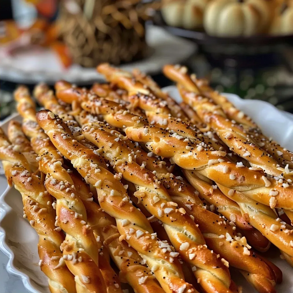 Side view of delicious Pretzel Witch Brooms featuring pretzel sticks and cheese.