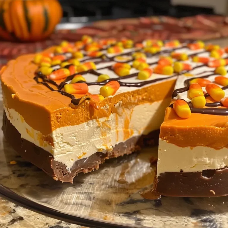A Whimsical Twist: Baking Joy with Protein Disney Candy Corn Cheesecake Close-up side view of a colorful candy corn cheesecake topped with a sprinkle of orange and yellow candy corn.