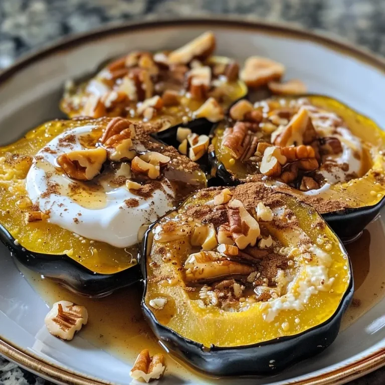 Awakening Mornings: The Joy of Protein-Packed Breakfast Acorn Squash A close-up side view of a baked acorn squash filled with Greek yogurt, pecans, and honey.