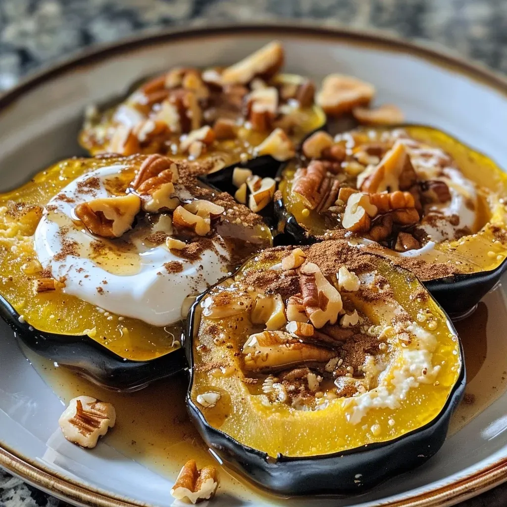 A close-up side view of a baked acorn squash filled with Greek yogurt, pecans, and honey.