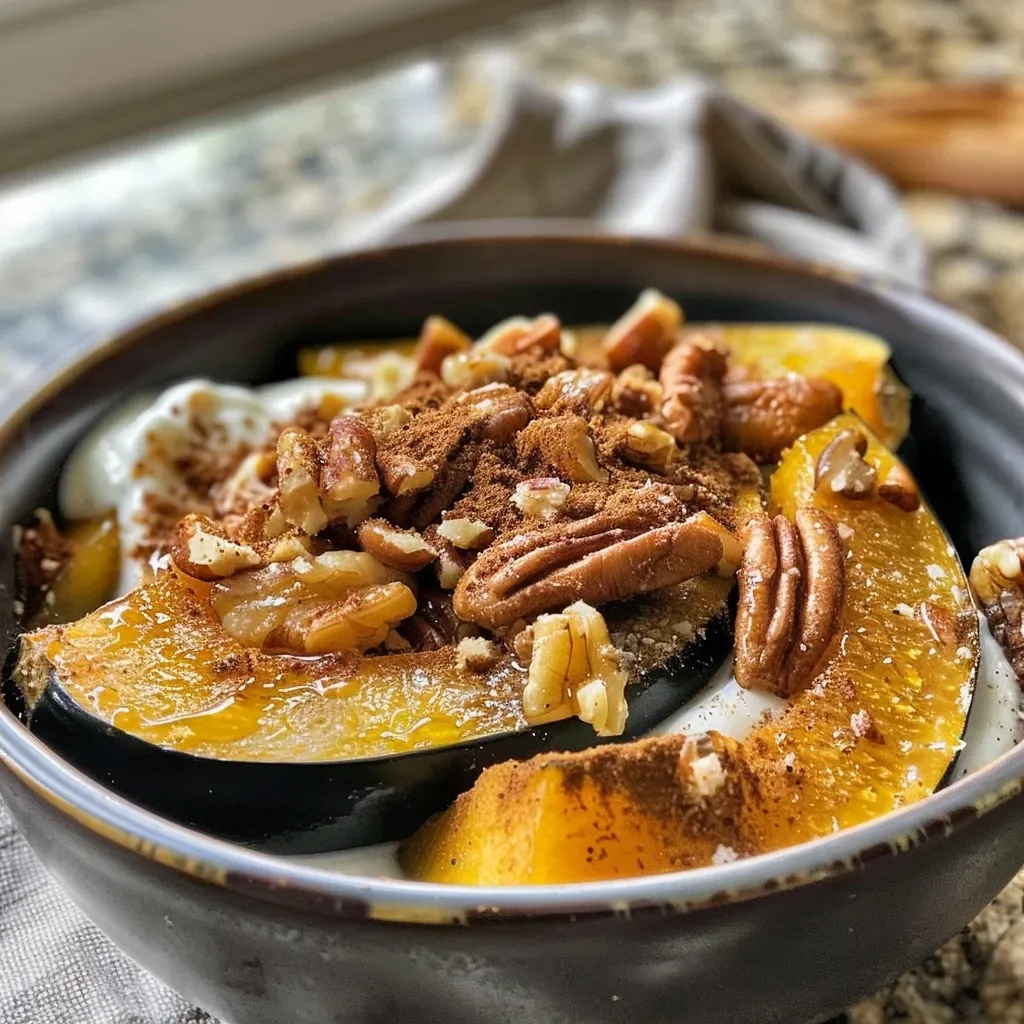 A juicy protein-packed breakfast acorn squash, showing the colorful filling and smooth texture.