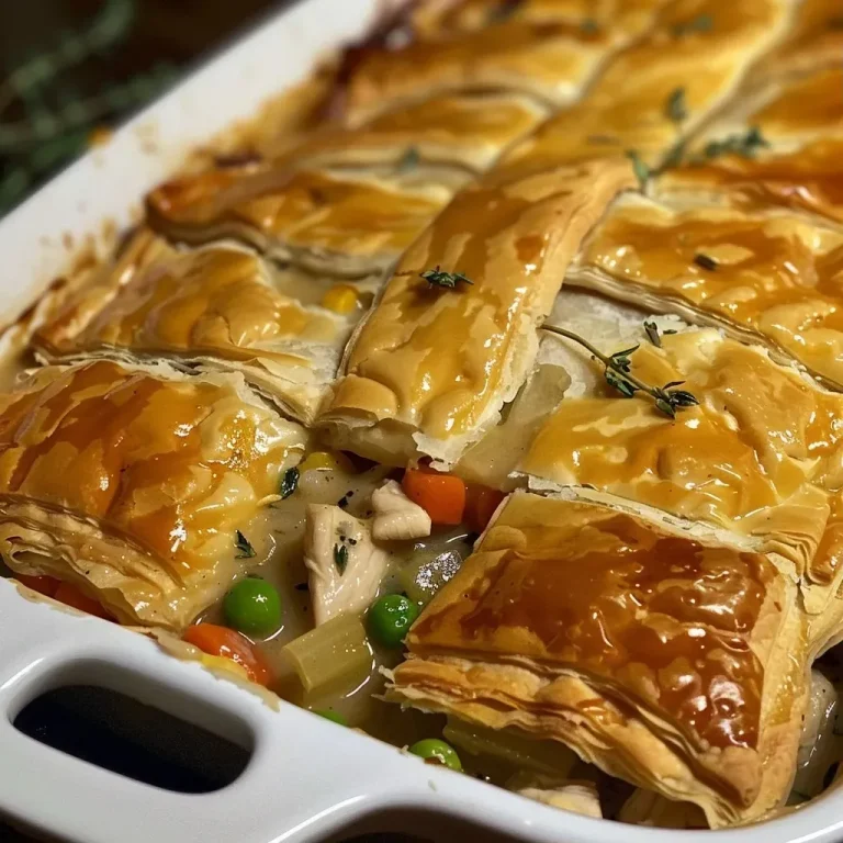 Close-up of a golden-brown puff pastry chicken pot pie showcasing a flaky crust.