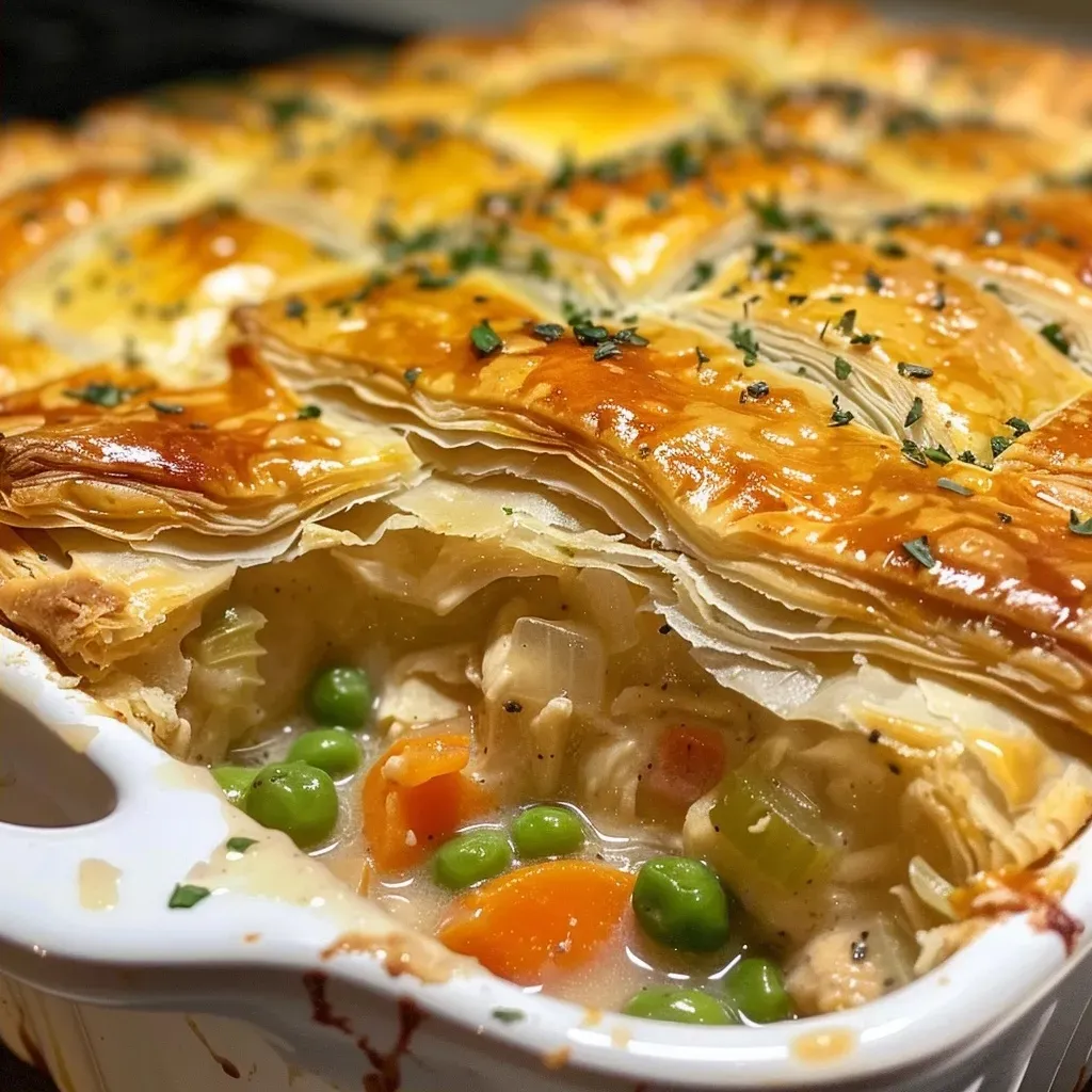 Side view of a cooked chicken pot pie with a flaky puff pastry crust filled with chicken and vegetables.