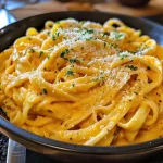 Close-up of creamy Pumpkin Alfredo pasta with fettuccine and parsley garnish.