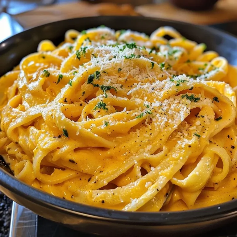 Embracing Autumn Flavors: A Heartwarming Pumpkin Alfredo to Savor Close-up of creamy Pumpkin Alfredo pasta with fettuccine and parsley garnish.