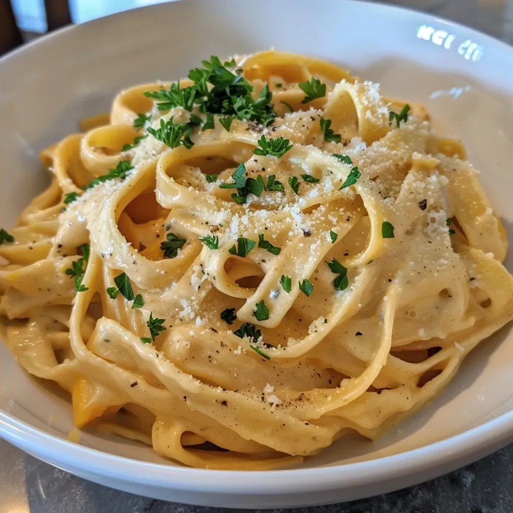 Side view of a bowl of Pumpkin Alfredo showing fettuccine and a rich orange sauce.