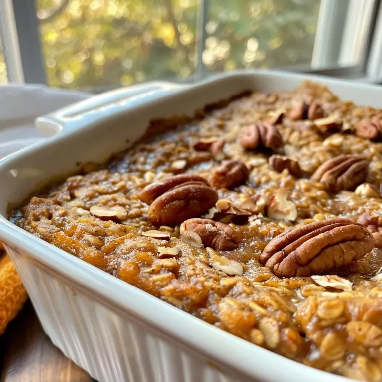 Awakening Autumn: The Pumpkin Baked Oatmeal That Fills Your Home with Cozy Flavors Close-up view of a slice of Pumpkin Baked Oatmeal topped with pecans.
