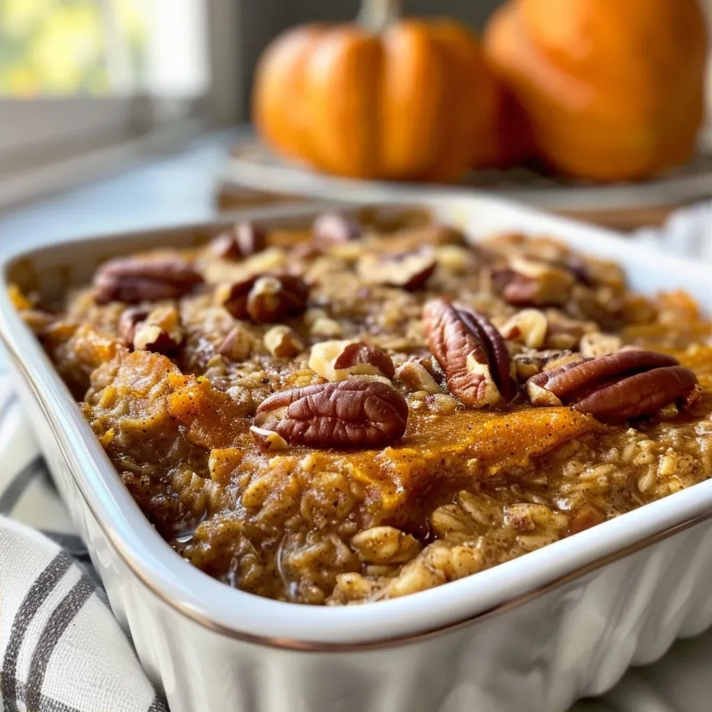 Side view of baked oatmeal with pumpkin puree and spices, showing a golden-brown crust.