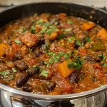 A close-up view of a bowl of Pumpkin Black Bean Chili with visible chunks of pumpkin and black beans.