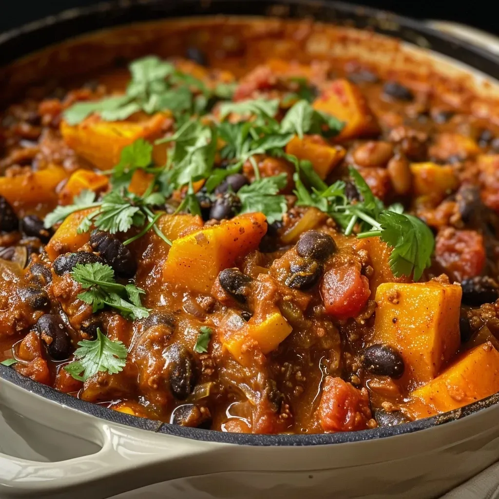 A side view of a delicious-looking Pumpkin Black Bean Chili, highlighting its rich color and texture.