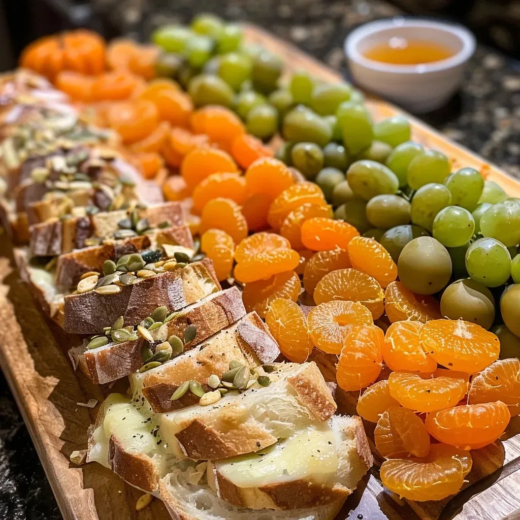 Close-up of a decorated pumpkin board featuring cheese and fruits.