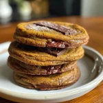 Close-up view of a golden-brown Pumpkin Brown Butter Cookie with chocolate chunks.