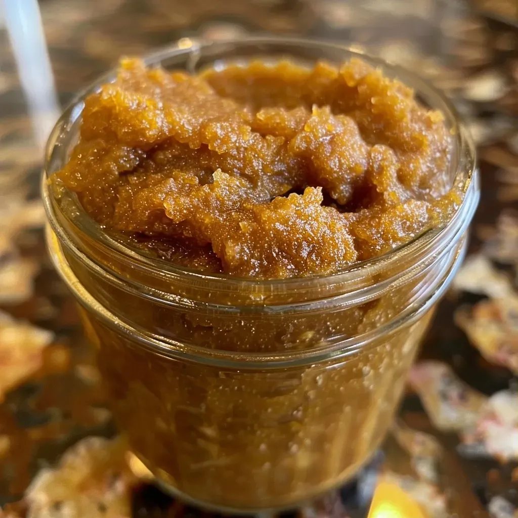 Close-up view of creamy pumpkin butter in a glass jar, with a spoon resting beside it.