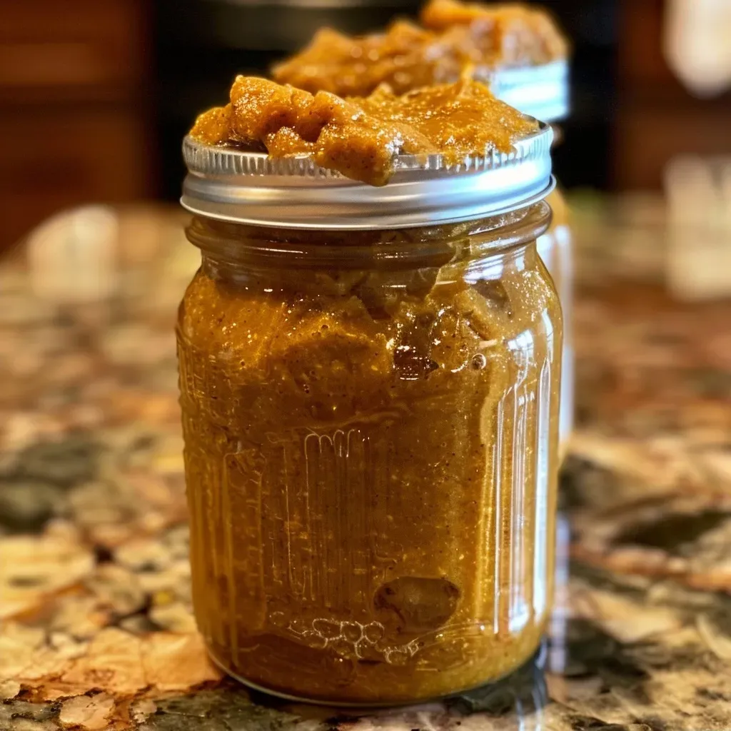 Side angle of pumpkin butter spread in a rustic bowl, showcasing its smooth texture.