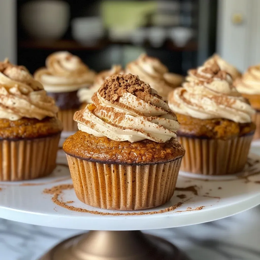 Close-up side view of a pumpkin chai cupcake topped with creamy frosting.