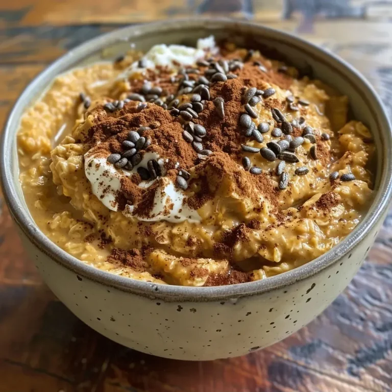 Close-up of creamy pumpkin chai latte overnight oats in a glass jar.