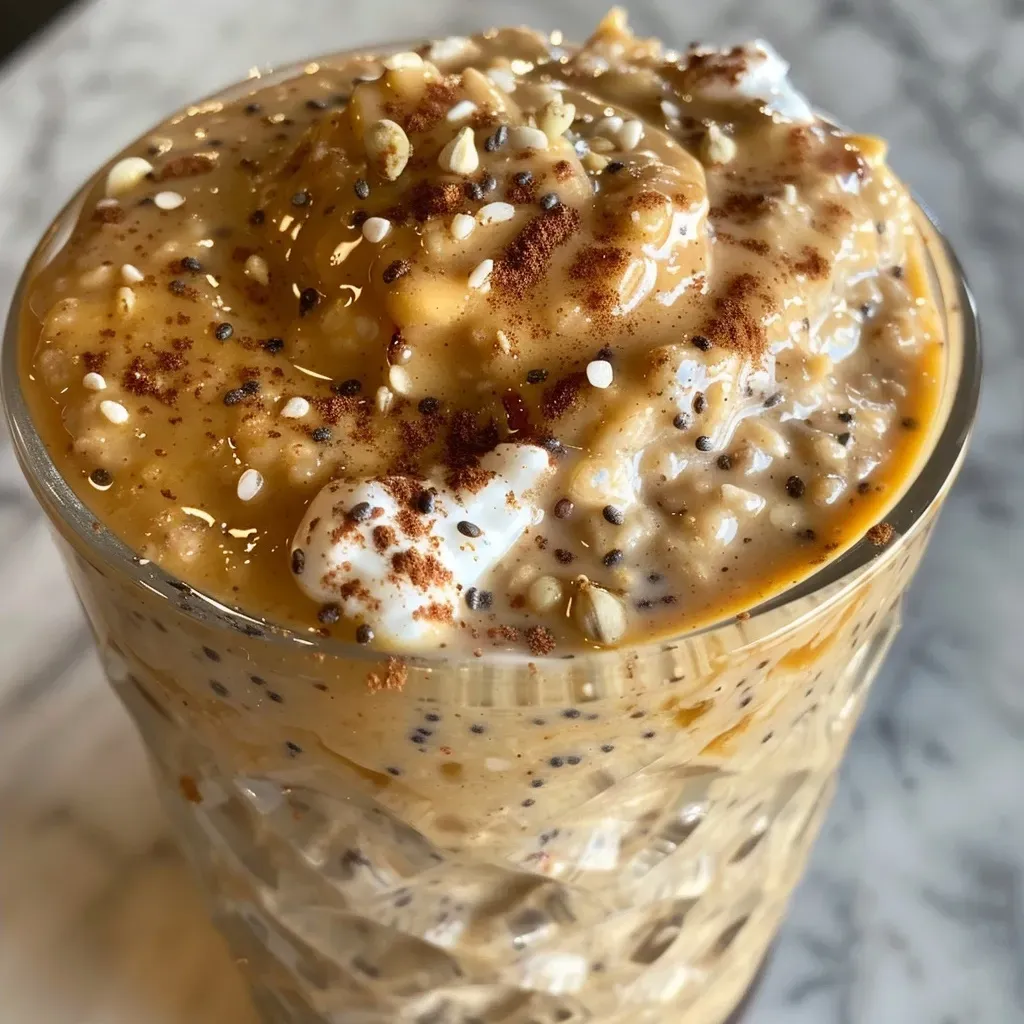 Side view of vibrant pumpkin chai oats topped with cinnamon and chia seeds.