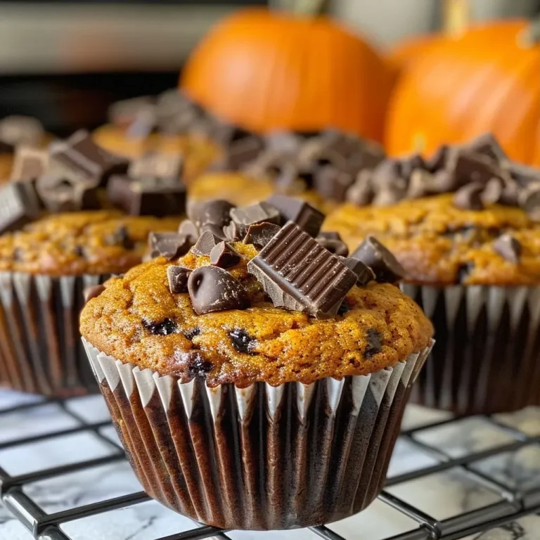 Harvest Joy: How Pumpkin Chocolate Chunk Muffins Bring Warmth to Every Gathering Close-up view of moist Pumpkin Chocolate Chunk Muffins with chocolate chunks visible.
