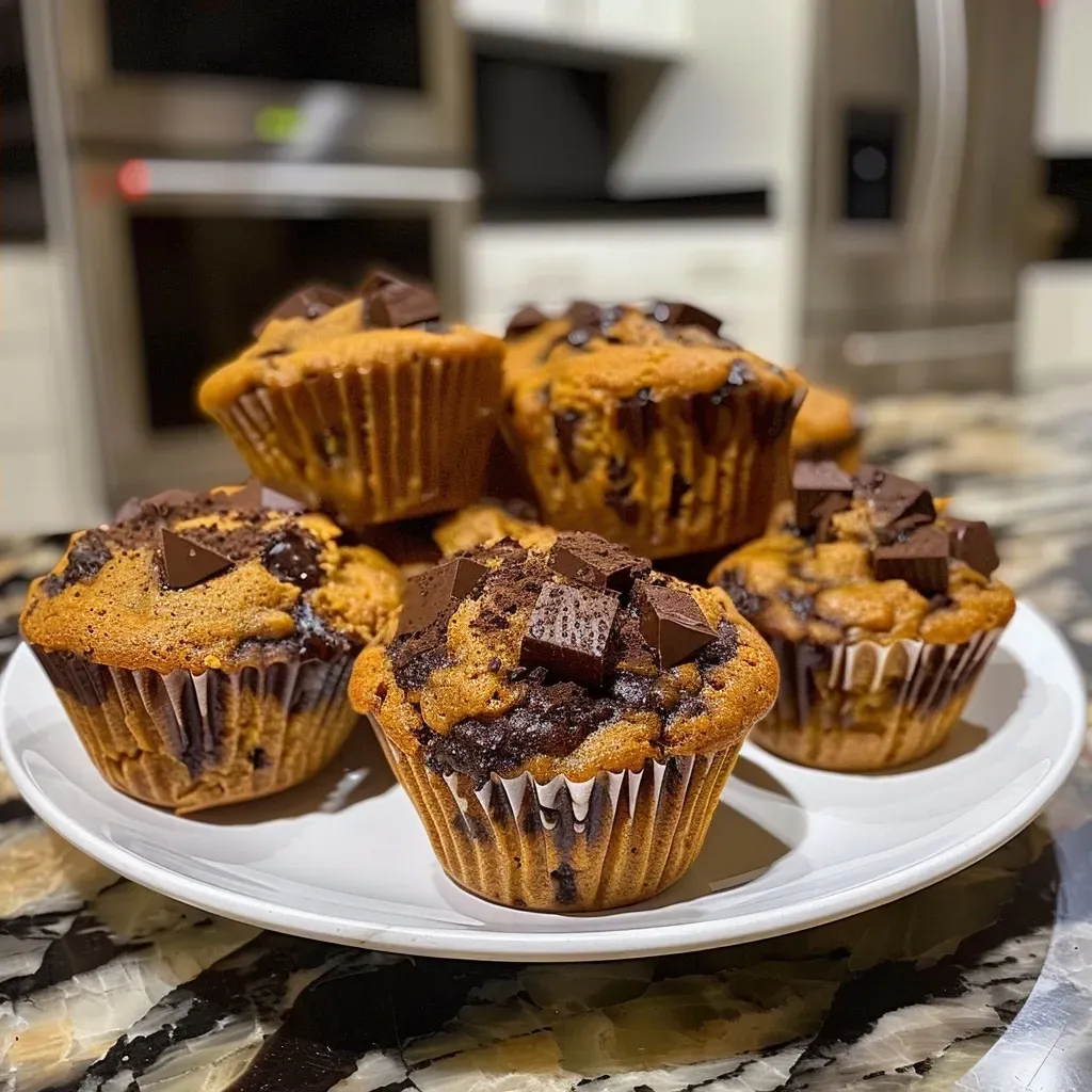 Side view of freshly baked Pumpkin Chocolate Chunk Muffins showcasing their golden color and chocolate pieces.