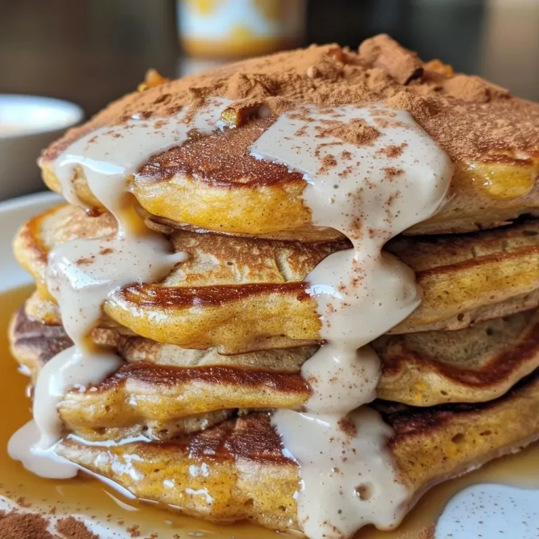Why These Pumpkin Cinnamon Roll Protein Pancakes Are My New Fall Indulgence Close-up view of fluffy Pumpkin Cinnamon Roll Greek Yogurt Protein Pancakes stacked on a plate.