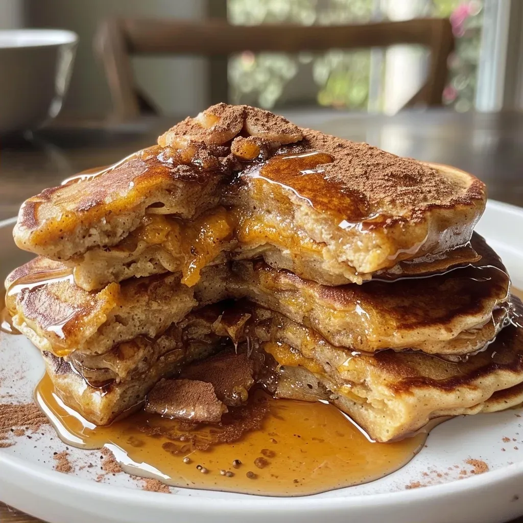Side view of delicious Pumpkin Cinnamon Roll pancakes, topped with a swirl of cinnamon and creamy yogurt.