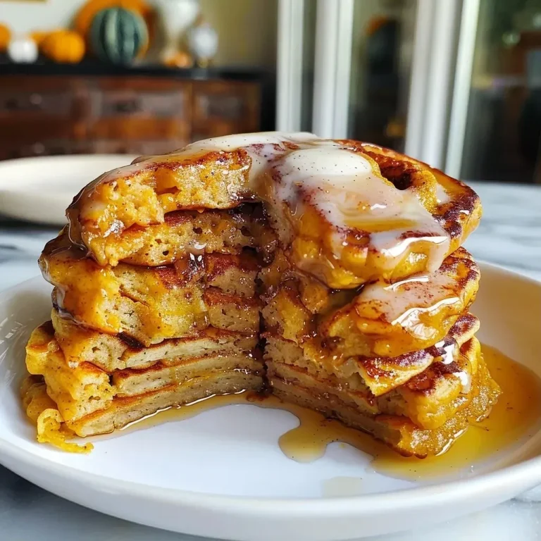 A Cozy Morning Delight: Pumpkin Cinnamon Roll Pancakes to Brighten Your Day A close-up view of fluffy pumpkin cinnamon roll pancakes stacked on a plate.