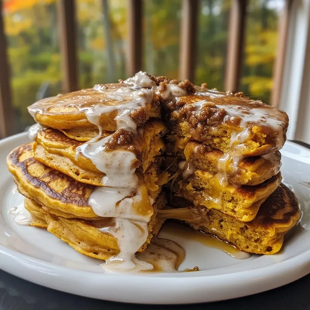 Mouthwatering pumpkin cinnamon roll pancakes drizzled with icing and topped with spices.