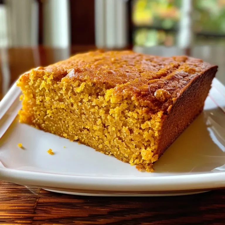 A close-up side view of a slice of pumpkin cornbread on a plate.