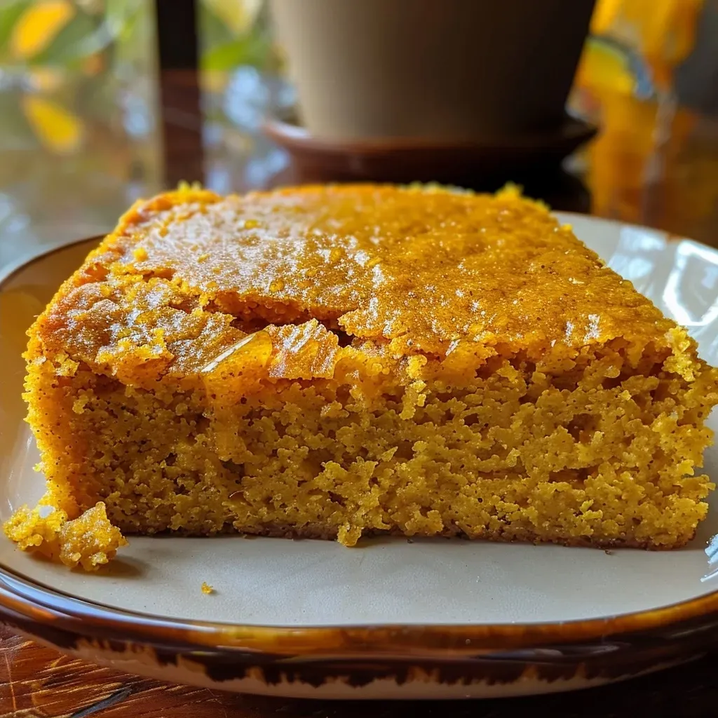 Slice of moist pumpkin cornbread displaying a rich orange color and crumbly texture.