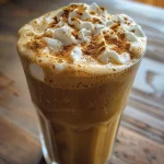 Close-up view of a Pumpkin Cream Cold Brew in a clear glass with a creamy topping.