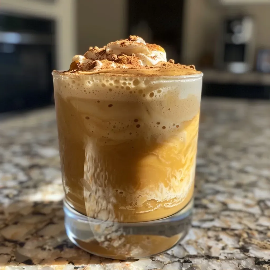 Side view of a delicious Pumpkin Cream Cold Brew highlighting the rich, frothy cream.