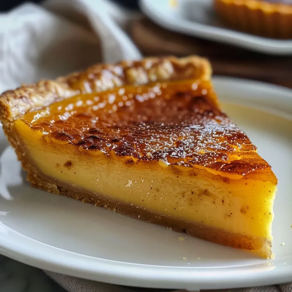 Side view of a delicious Pumpkin Crème Brûlée Tart with a glossy caramel layer and pumpkin filling.