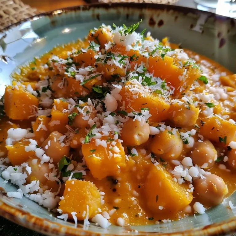 A close-up side view of a bowl filled with vibrant pumpkin curry, garnished with chickpeas and coconut.