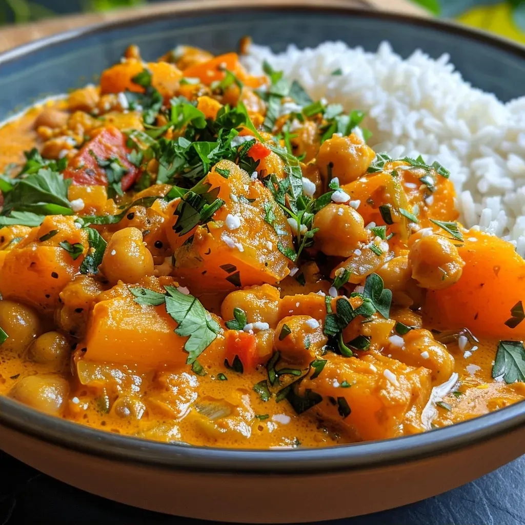 A rich, orange pumpkin curry with visible chunks of pumpkin, chickpeas, and creamy coconut flakes, captured from the side.