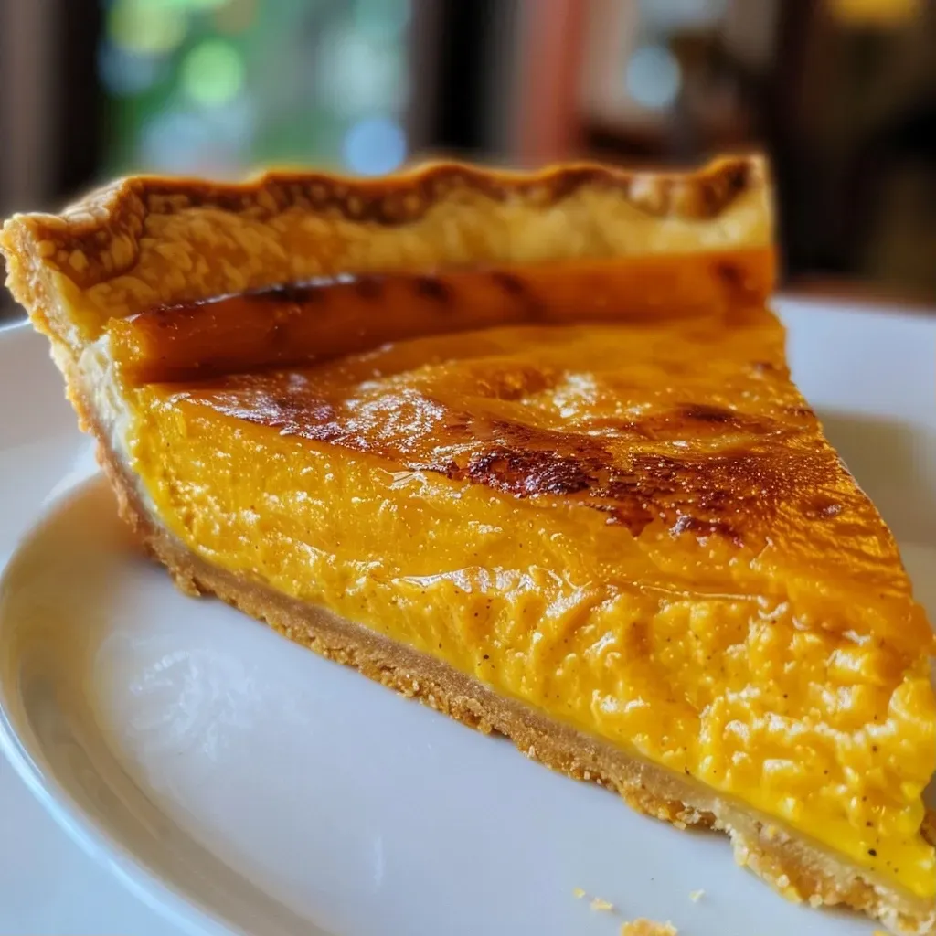 Close-up side view of a golden-brown Pumpkin Custard Tart with a flaky crust and creamy filling.