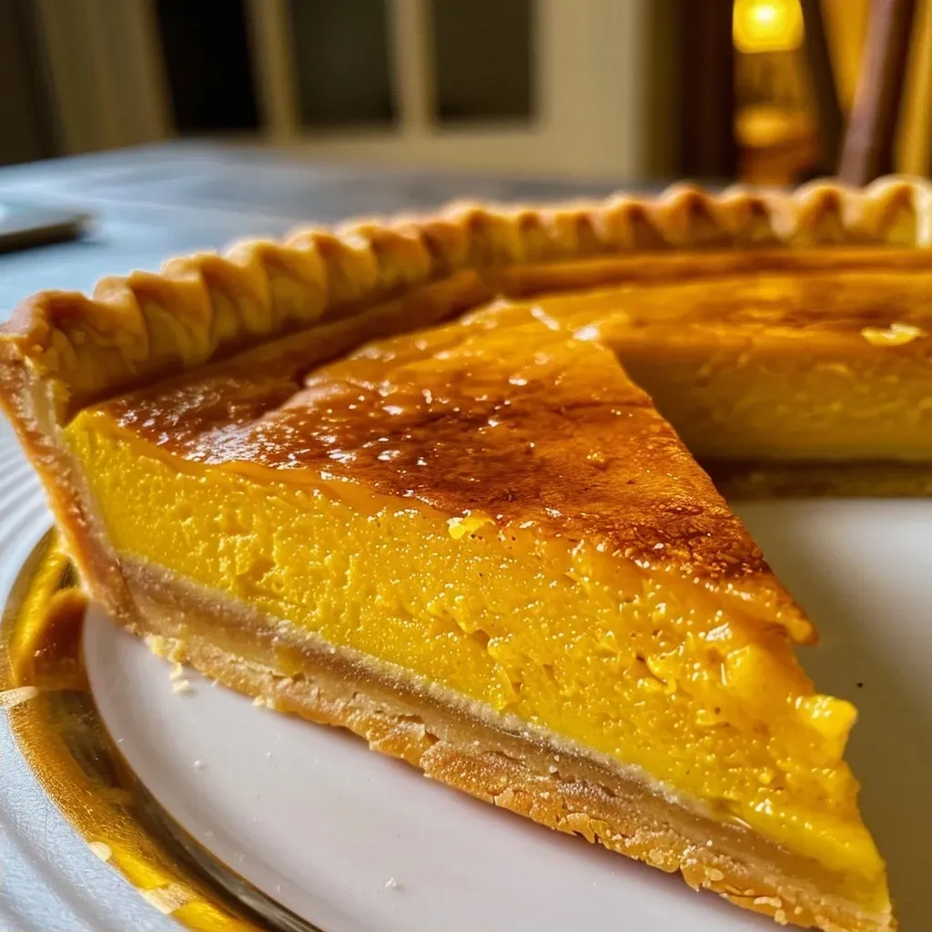 A slice of Pumpkin Custard Tart showcasing a smooth, rich custard topped with spices.