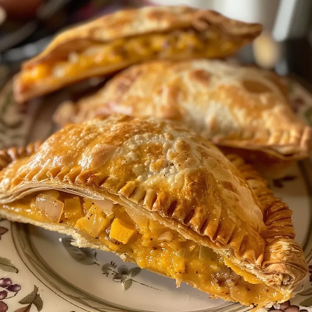Close-up of golden-brown Pumpkin Empanadas with a flaky crust.