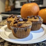 Close-up side view of moist Pumpkin Espresso Chocolate Chunk Muffins with visible chocolate chunks.