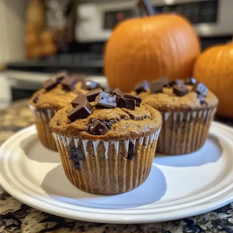 Harvesting Flavor: The Pumpkin Espresso Muffins That Cozy Up Any Morning Close-up side view of moist Pumpkin Espresso Chocolate Chunk Muffins with visible chocolate chunks.