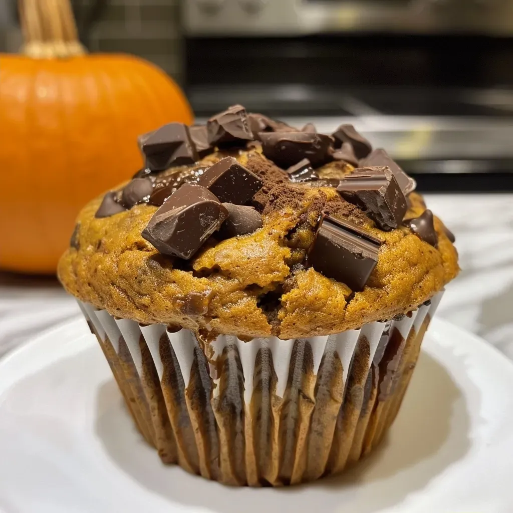 Detail shot of a freshly baked Pumpkin Espresso Chocolate Chunk Muffin, showcasing its texture and chocolate pieces.