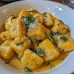 A close-up view of pumpkin gnocchi glistening with sauce, garnished with green herbs.