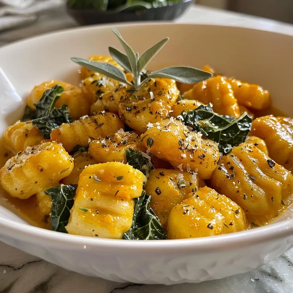 Side angle of vibrant orange pumpkin gnocchi with a garnish of fresh sage leaves.