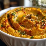Close-up of a creamy pumpkin hummus in a bowl, garnished with olive oil and spices.