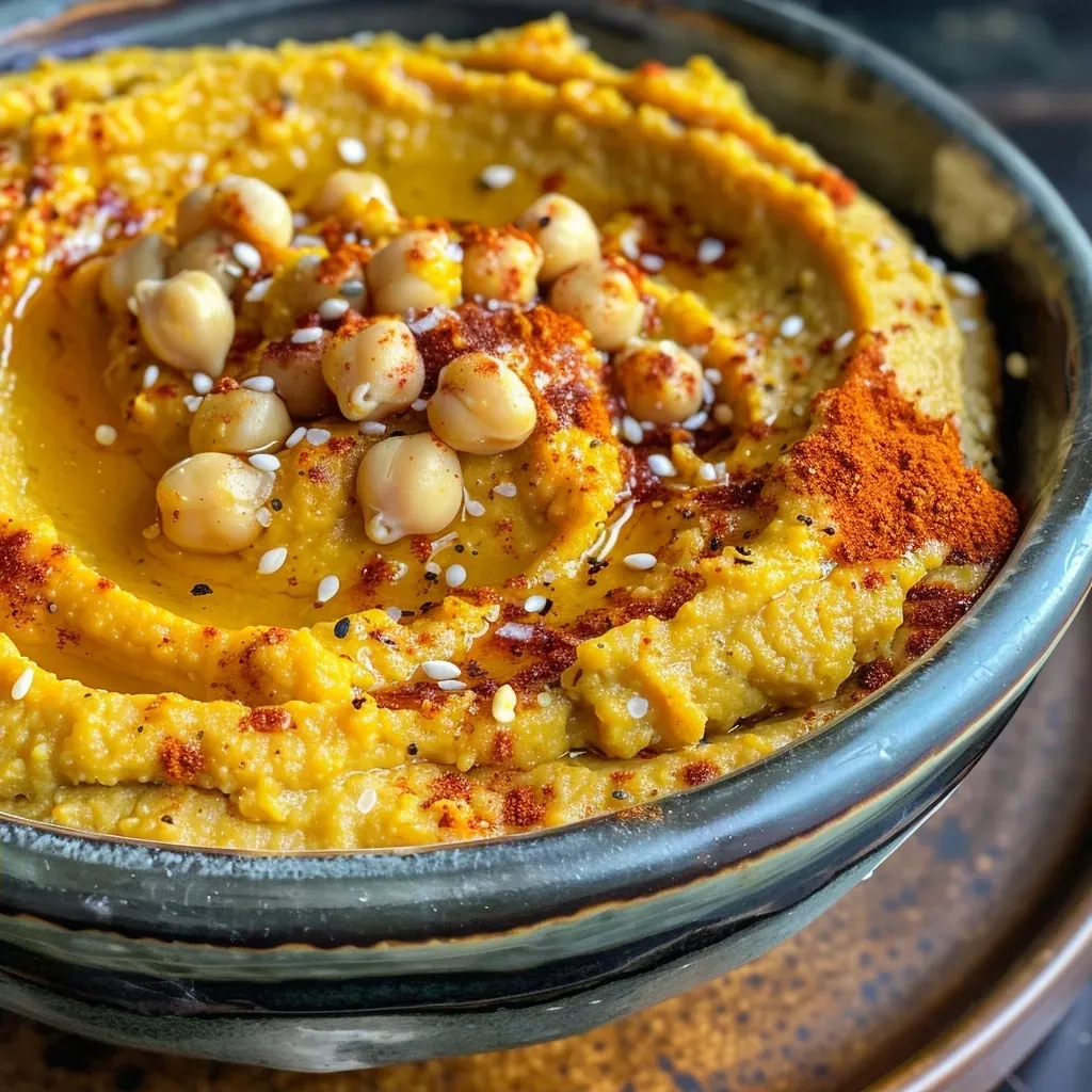Close-up of vibrant orange pumpkin hummus garnished with herbs.