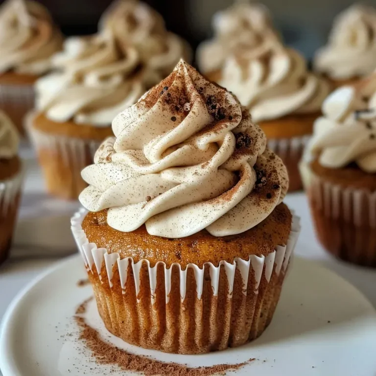 A Cozy Autumn Feast: Pumpkin Latte Cupcakes That Warm the Heart Close-up view of a delicious Pumpkin Latte Cupcake topped with creamy cinnamon brown sugar frosting.