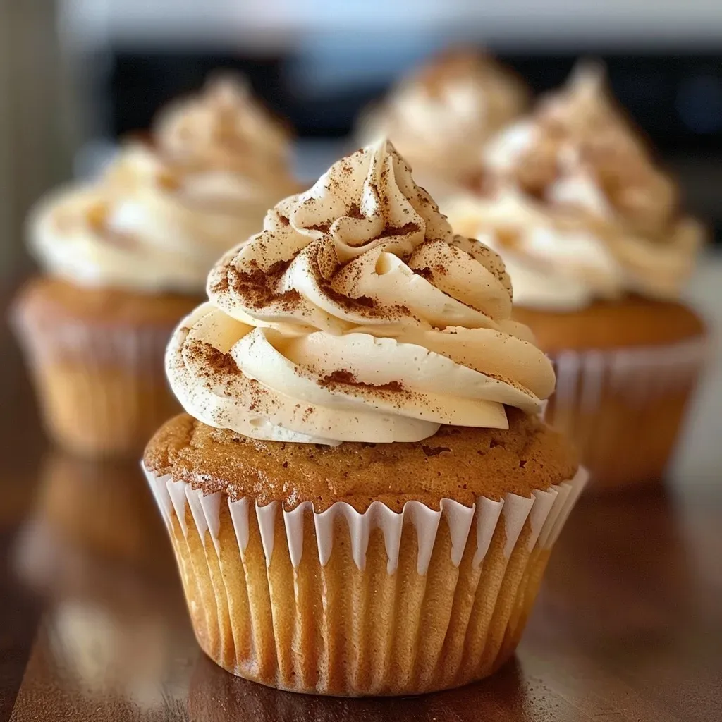 Side view of a decadent Pumpkin Latte Cupcake, showcasing its spiced frosting and moist texture.