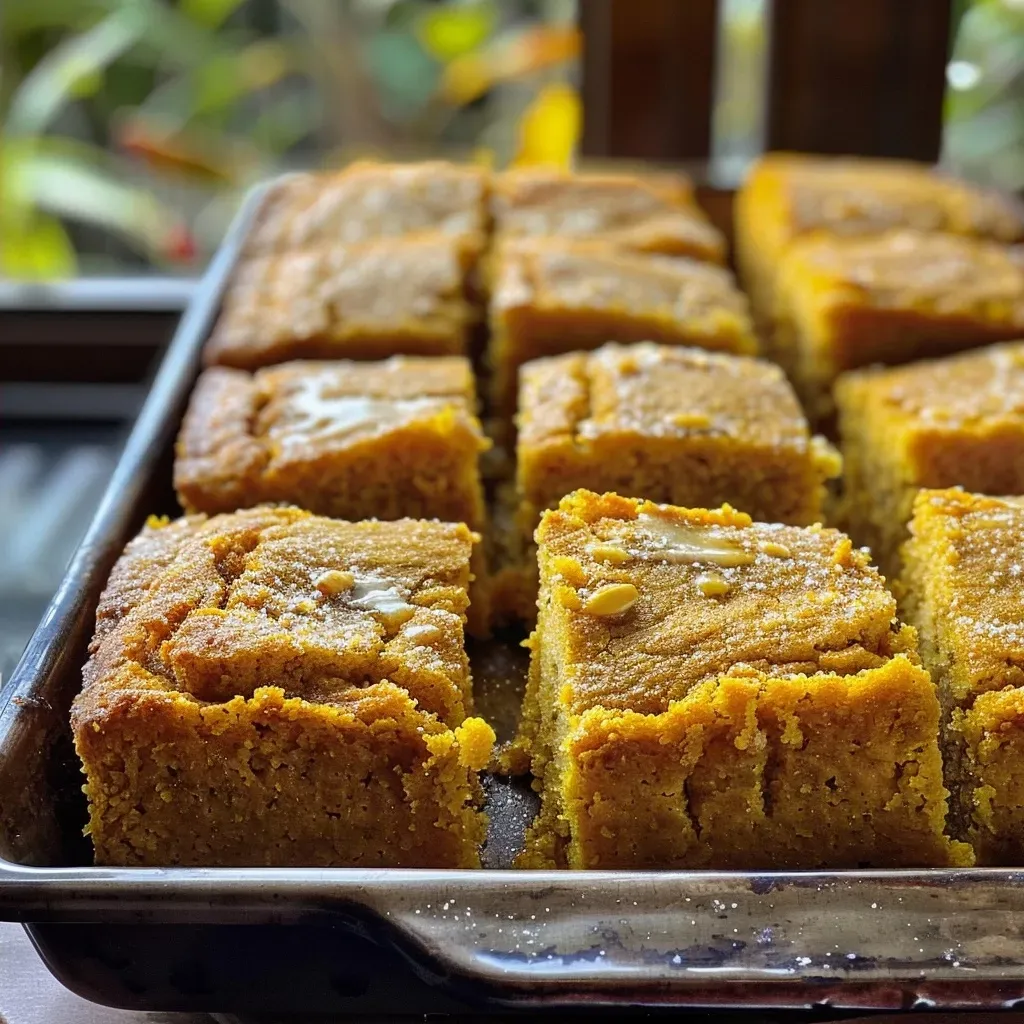Side view of fluffy Pumpkin Maple Cornbread showcasing its crumb and pumpkin seeds.